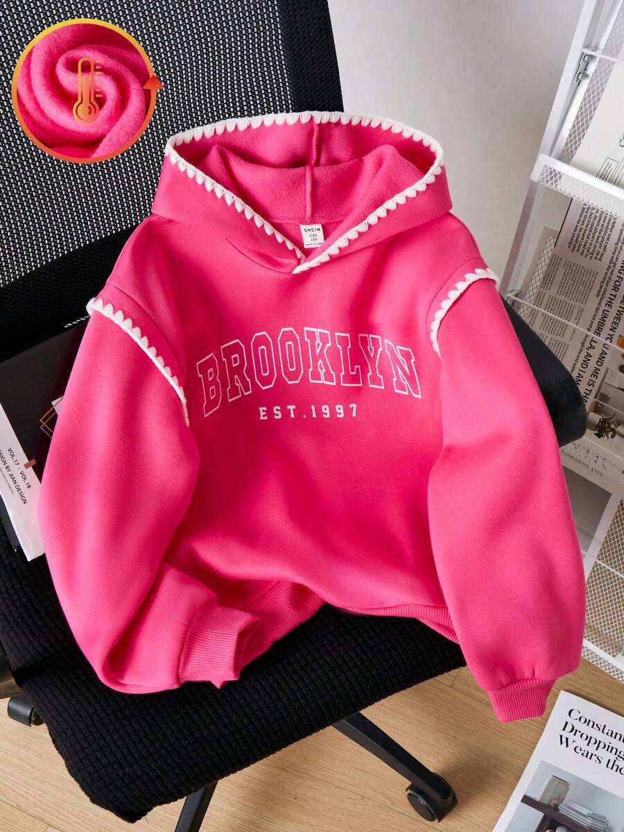SHEIN 少女印花保暖内衬落肩长袖宽松卫衣 - 玫紅色 - 查看 1