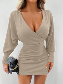 EURMUSE Vestido mini ajustado de unicolor con escote en V profundo y sexy - Beis - Ver 4