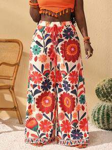 Veslaya Quần ống rộng dài in hoa dành cho nữ, thích hợp cho kỳ nghỉ lễ hội âm nhạc hoặc nghỉ dưỡng. - Nhiều màu - Xem 4