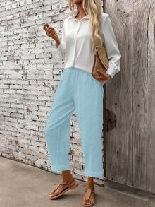 Breezaya Women's Elastic Waist Pockets Loose Casual Harem Pants Fall Cloth For Women - Baby Blue - View 6