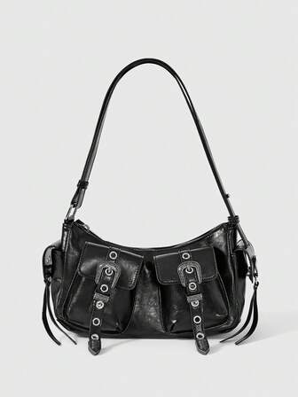 Grunge Punk حقيبة كتف بلون أسود بطراز بانك عصري للتنقل