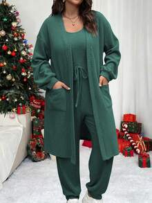 Vionelle 大码女式纯色落肩长袖夹克和腰带无袖连体裤休闲两件套，秋季 - 墨綠色 - 查看 7