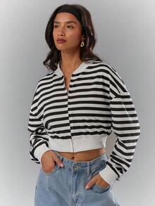 Glamine Chaqueta casual con cremallera de manga larga, cuello de béisbol elástico de punto en blanco y negro, adecuada para uso diario