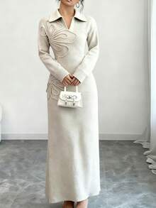 Selianne Women's Floral Print Long Sleeve Knitted Sweater Dress - Apricot - View 5