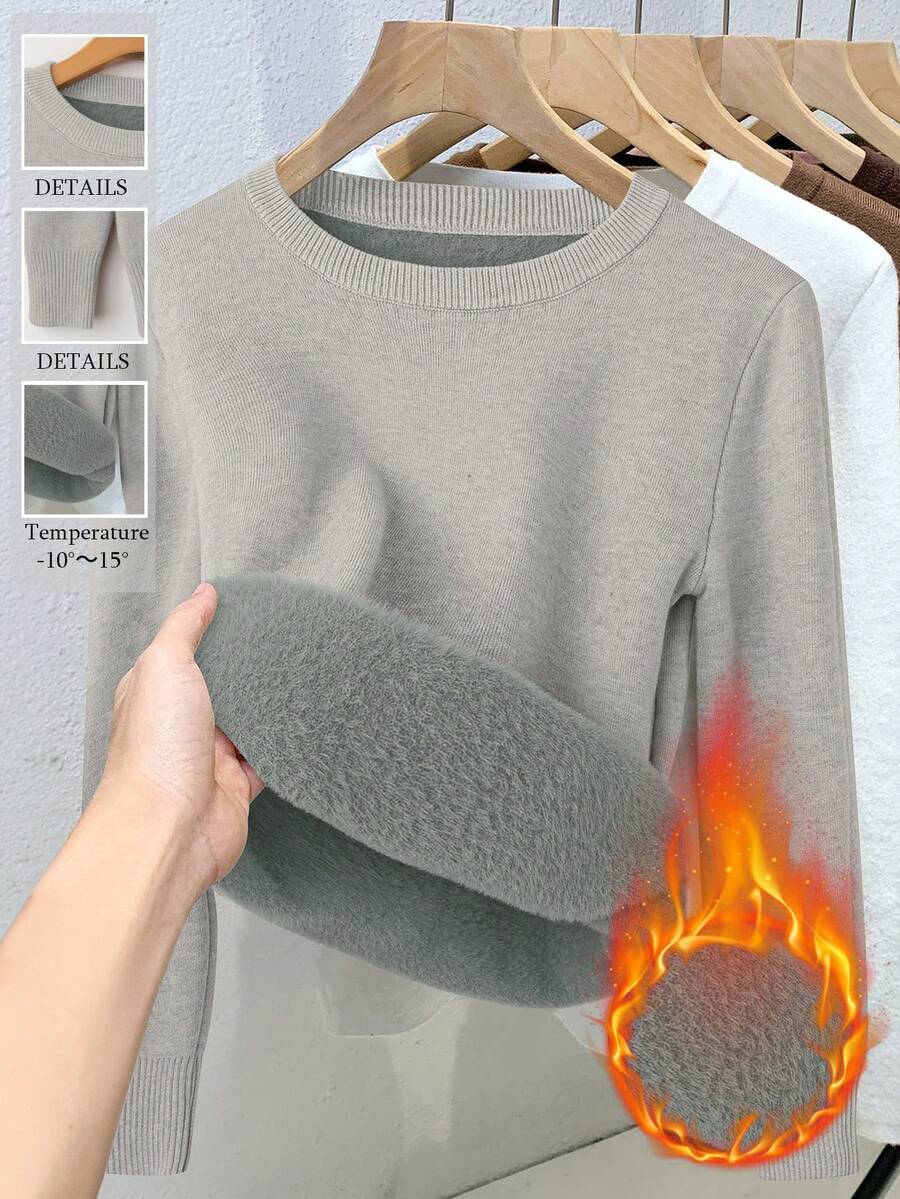 Franclia 女士修身圆领保暖长袖毛衣 - 淺灰色 - 查看 1