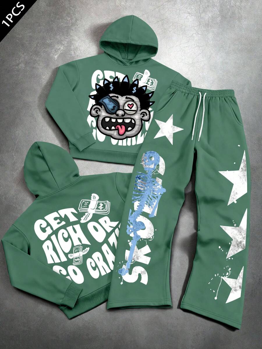 Manfinity EMRG Bộ 2 áo hoodie và quần nỉ in họa tiết đường phố thường ngày cho nam, trang phục mùa thu - màu xanh lá - Xem 1