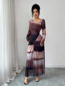 Elenzga 日落复古优雅针织网纱扎染印花连衣裙，时尚不对称领口褶皱修身显瘦高弹力隐形肚脐荷叶边下摆百搭假日女装 - 彩色 - 查看 2