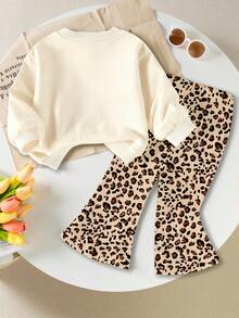 SHEIN Playful Pals 1 Set Baby Girls Casual Fashionable Cute Leopard Bow Pattern Crew Neck Sweatshirt And Leopard Print Flare Pants Outfit, Suitable For Autumn/Winter Outings, Fall Clothing