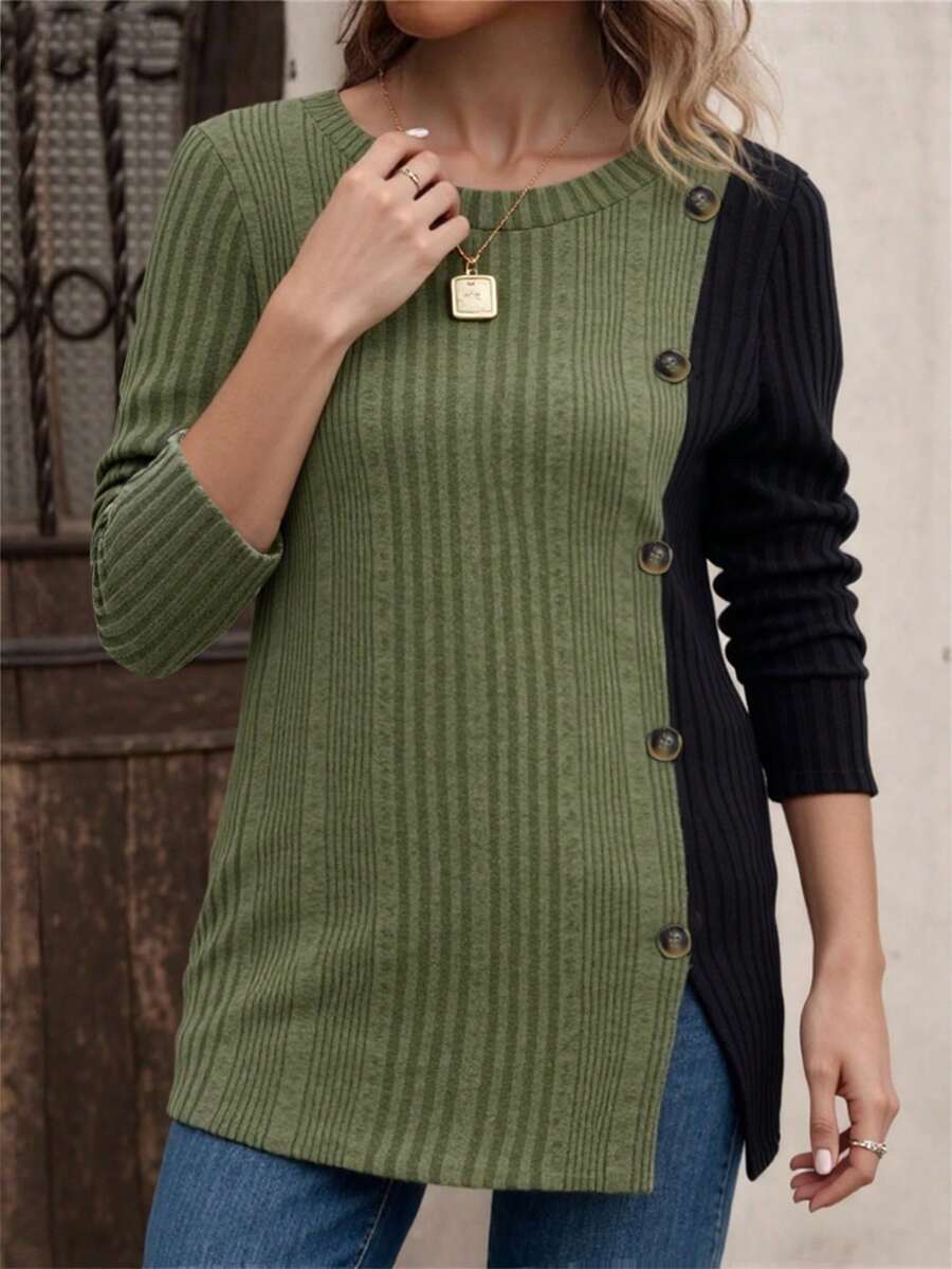 EMERY ROSE Damen Große Größen Kontrast-Farbiges Rundhals Langarm Knopf Design Lässig Rippstrick T-Shirt - Grün - Übersicht 1