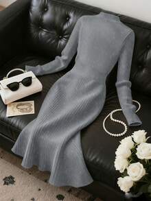 Franclia 新款时尚优雅高品质女士针织毛衣裙，百搭秋季 - 灰色 - 查看 2