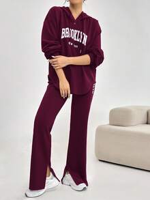 Mulvari 2pcs Women Casual Letter Print Drawstring Hooded Sweatshirt And Pants Set, Autumn 2 Pieces Set - Red Violet - View 3