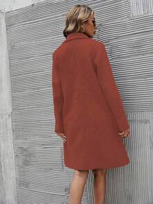 SHEIN LUNE 女式纯色翻领长袖双排扣休闲大衣，秋冬 - 紅木色 - 查看 2