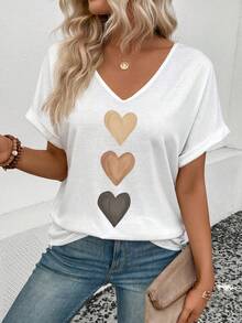 EMERY ROSE Damska koszulka z dekoltem w serek i mankietami, nadruk w kształcie serca w odcieniu ombre, uniwersalna, na co dzień, wiosna/lato - Biały - Zobacz 4