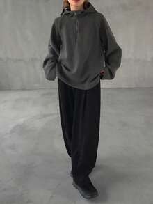 FRIFUL Women's Waffle Texture Fabric Half-Zip Hooded Loose Sweatshirt - Grey - View 7