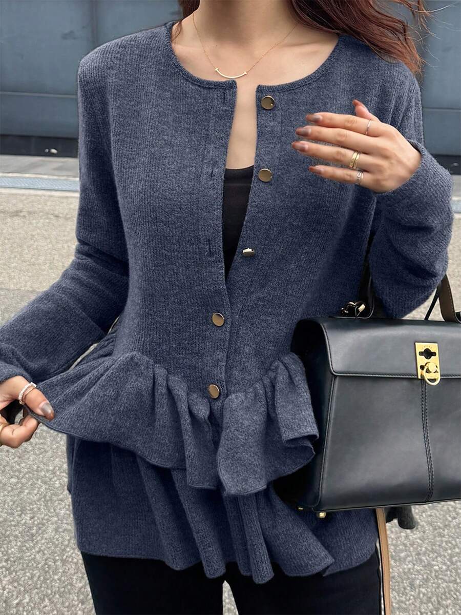 FRIFUL Women's Casual, Everyday, Workplace Commute Simple Solid Color Multi-Layer Ruffle Hem Button-Front T-Shirt, Spring/Autumn - Navy Blue - View 1