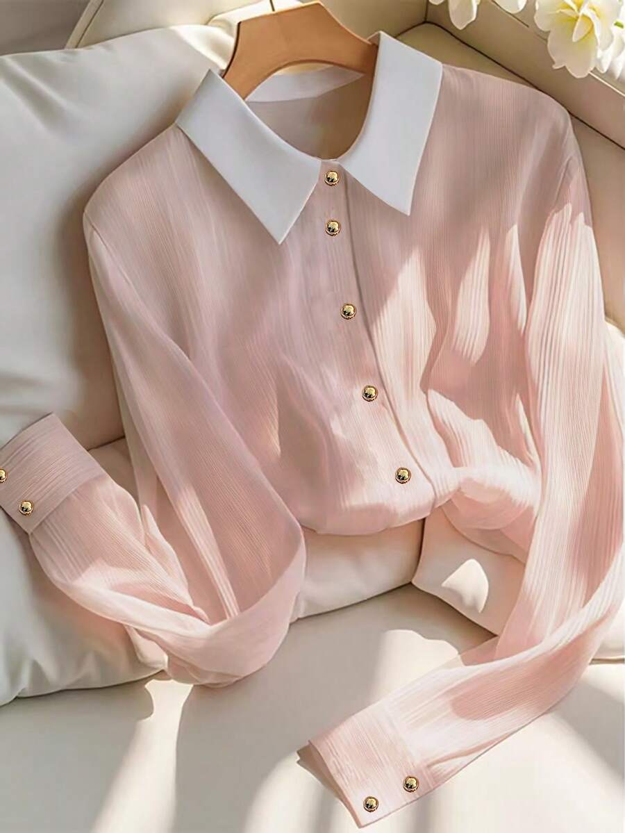 Franclia Áo sơ mi nữ màu hồng thanh lịch, ôm dáng, cổ bẻ phía trước, tay dài, cúc vàng, vải họa tiết sao băng, thích hợp cho mùa xuân/thu. Áo sơ mi nữ tay dài màu hồng, áo công sở nữ, áo sơ mi cài cúc nữ, áo công sở nữ, áo đi chơi nữ, áo thu đông nữ, áo trắng nữ, áo thường ngày mùa xuân cho sinh viên. - Hồng - Xem 1