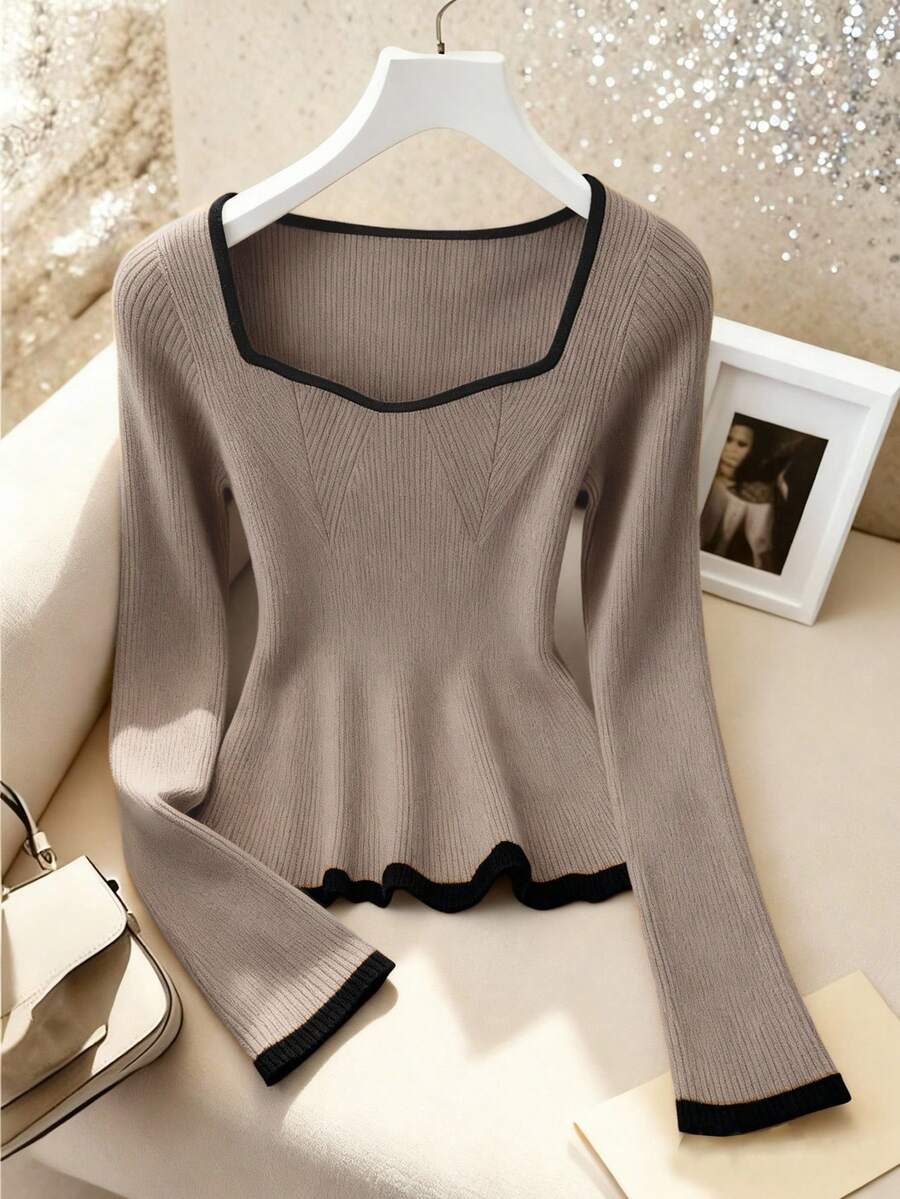 Franclia 法式优雅方领弹力修身长袖针织毛衣，撞色饰边可爱荷叶边针织上衣，适合日常穿着，秋冬 - 灰色 - 查看 1