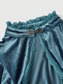 ROMWE Goth Áo cánh ren và nhung cổ đứng thanh lịch dành cho nữ - Màu xanh lam - Xem 3