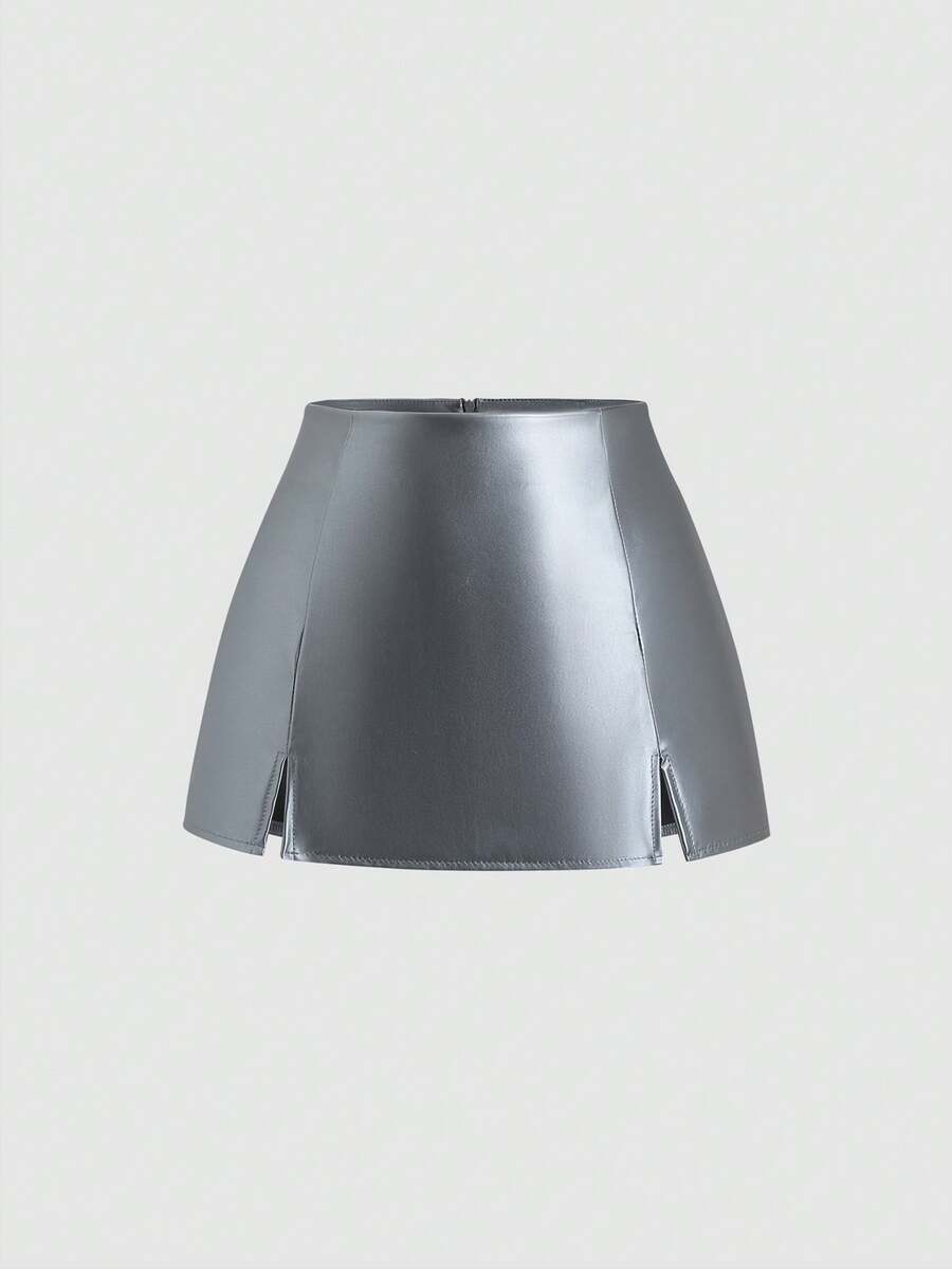 Sweetra 性感低腰时尚PU皮革开衩迷你裙，女士春夏款 - 深灰色 - 查看 1