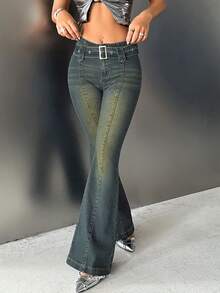 SHEIN ICON Women's Low Waist Flared Leg Double Button Jeans - Dark Wash - View 4