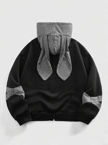 ROMWE MEN Anime Men's Houndstooth Patchwork 3D Ear Design Zipper Front Casual Hoodie, Long Sleeve Top - Black - View 2