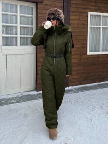 SHEIN EZwear 白色毛绒帽和加厚连体衣，适合秋冬季雪地玩耍。 - 軍綠色 - 查看 4