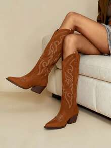 Daringsoles 新款复古刺绣粗跟防滑西部靴，拼接及膝尖头马靴，女式，秋冬