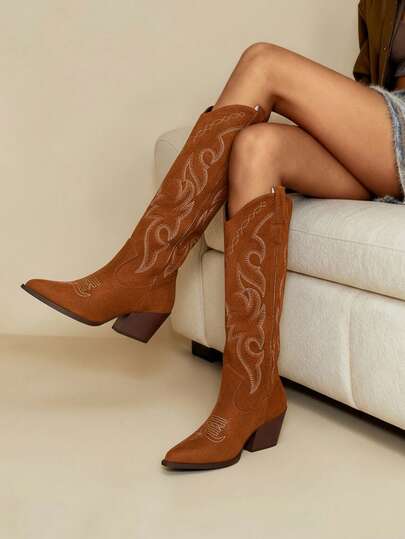 Daringsoles 新款复古刺绣粗跟防滑西部靴，拼接及膝尖头马靴，女式，秋冬