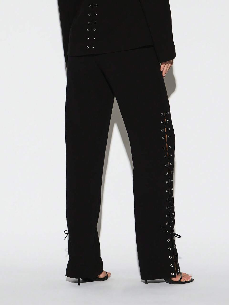Lace Up Detail Wide Leg Palazzo Trousers With Side Eyelet Closure Full Length High Waist Casual Fashion Pants