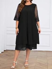 Miaspire 加大码蕾丝拼布圆领简约休闲优雅连衣裙女夏装朴素连衣裙婚礼宾客礼服女式蕾丝雪纺 - 黑色 - 查看 3