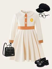 女童休闲翻领刺绣弹力撞色彼得潘领长袖连衣裙，时尚百搭，优雅大方，适合秋冬季穿着 - 卡其色 - 查看 5