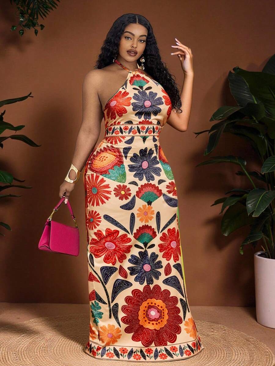 Veslaya 新款度假风休闲抽象渐变几何印花无袖开衩连衣裙，橙色，百搭日常装 - 彩色 - 查看 1