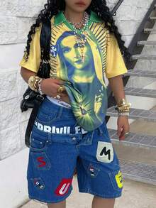 Rovax 女士撞色创意图案短袖半拉链休闲T恤，夏季时尚 - 彩色 - 查看 3