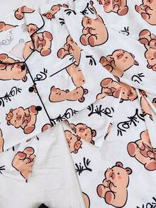 SHEIN Mädchen Bubble Crinkle süßer Pyjama Set mit bedrucktem Muster, Langarm-Oberteil und Hose - Verschiedenfarbig - Übersicht 3