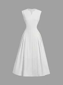 SHEIN MOD Váy không tay xếp ly cổ chữ V màu trơn cho nữ, Váy mùa thu, Trang phục tiệc độc thân, Váy cưới cho nữ, Váy dạ hội, Váy dạ hội, Váy dự tiệc cưới mùa thu, Váy dài màu trắng - trắng - Xem 1