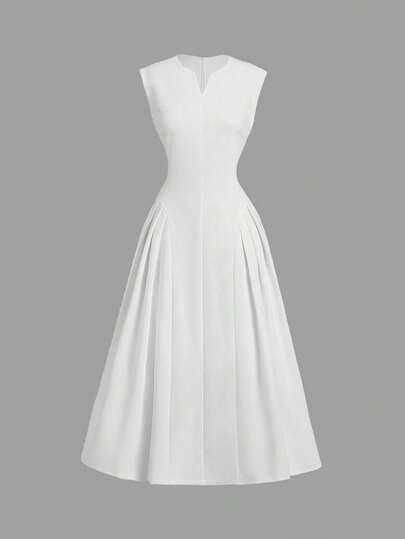 SHEIN MOD Women V-Neck Solid Color Pleated Sleeveless Dress,Fall Dresses,Bachelorette Outfits,Wedding Women Dresses,Prom Dress,Homecoming Dresses,Fall Wedding Guest Dress,Long White Dress
