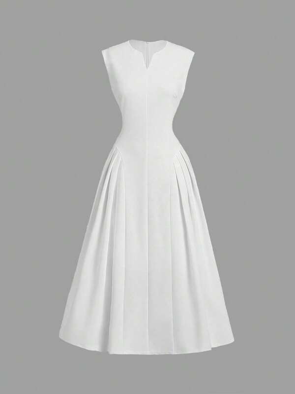 SHEIN MOD Women V-Neck Solid Color Pleated Sleeveless Dress,Fall Dresses,Bachelorette Outfits,Wedding Women Dresses,Prom Dress,Homecoming Dresses,Fall Wedding Guest Dress,Long White Dress