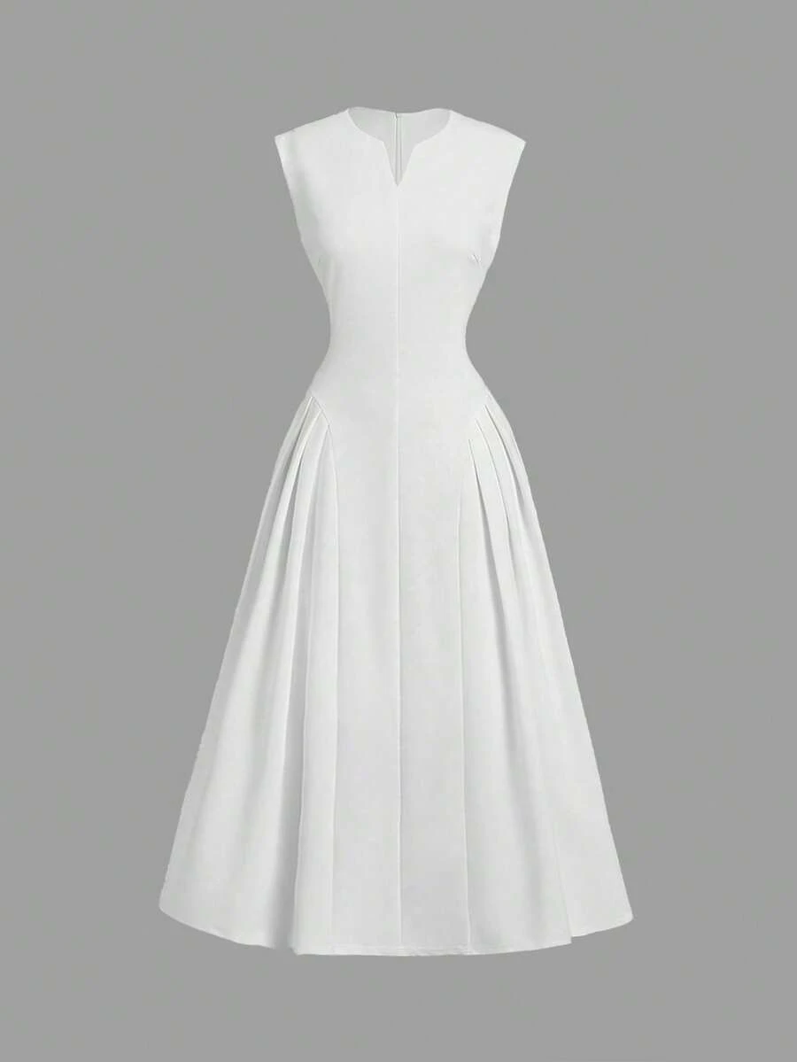 SHEIN MOD Váy không tay xếp ly cổ chữ V màu trơn cho nữ, Váy mùa thu, Trang phục tiệc độc thân, Váy cưới cho nữ, Váy dạ hội, Váy dạ hội, Váy dự tiệc cưới mùa thu, Váy dài màu trắng - trắng - Xem 1