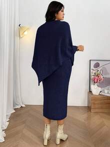 Firerie Set de 2 piezas Suéter estilo poncho y vestido recto de cuello en V para mujer de talla grande, adecuado para el Día de San Valentín, conciertos, actuaciones, citas, cenas formales, galas, bodas, sexy, elegante, para ir al trabajo, vuelta al colegio, vacaciones, playa, romántico, para oficinista, estilo de sirena, fiesta de cumpleaños. Vestido de suéter de manga de murciélago, vestido elegante de dos piezas de manga larga cómodo para otoño/invierno - Azul Marino - Ver 3