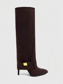 CUCCOO SZL Sepatu Bot Wanita Ujung Lancip dengan Dekorasi Logam, Modis, Hak Tinggi di Atas Lutut, Cocok untuk Natal dan Musim Semi. - Coffee Brown - View 4