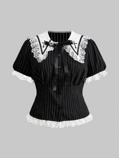 Goth Blusa de manga corta con cuello de encaje, parche y cintura ajustada para mujer de talla grande con rayas