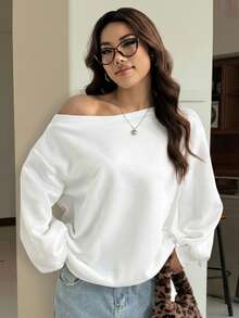 SHEIN EZwear 女士宽松斜肩保暖内衬卫衣，白色，秋冬 - 白色 - 查看 3