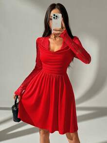 SHEIN Unity Women's Lace Trim Draped Neck Long Sleeve Dress, Suitable For Christmas, Valentine's Day, Party And Holiday Occasions, Spring/Autumn/Winter - Red - View 4