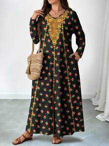 Al Najma 大码女式花卉复古印花V领长袖连衣裙，带口袋和喇叭下摆 - 彩色 - 查看 3