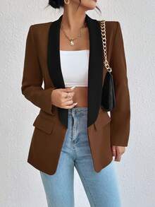 SHEIN Unity Women's Contrast Color Shawl Collar Pocket Business Formal Blazer - Brown - View 6