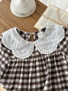 LMoss Kids Vestido casual de niña joven con cuello de cuadros tejidos, vestido de niña pequeña marrón, vestido de estilo francés de primavera y otoño para niñas, vestido a cuadros para niñas, vestido de otoño para niños, vestido a cuadros para niña, estilos acogedores de otoño e invierno, vestidos de otoño, manga larga