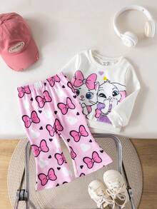 SHEIN Babygirl Cute Casual Cartoon Print Long Sleeve Sweatshirt & Elastic Waist Pants Set - Beige - View 9