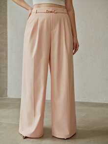 PREMIUM PLUS SIZE METAL BUCKLE WAIST ELEGANT WIDE LEG SUIT PANTS, SPRING/SUMMER - Coral Pink - View 4