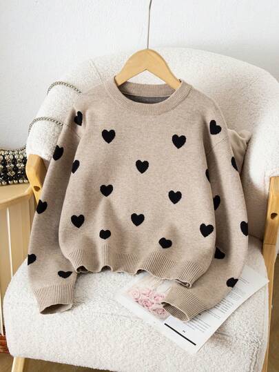 SHEIN Genkimix Kids Áo len dệt kim họa tiết trái tim thời trang thường ngày cho bé gái, tay dài, mùa thu/đông