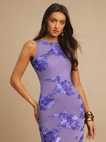 Silquee Váy ôm sát họa tiết hoa thanh lịch, tối giản, gợi cảm dành cho nữ, mùa hè - Màu tím hoa cà - Xem 5